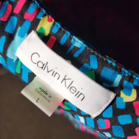 Calvin Klein Geometric Print Matte Jersey Pleat Crew Neck Sleeveless Top Size L - Picture 2 of 16